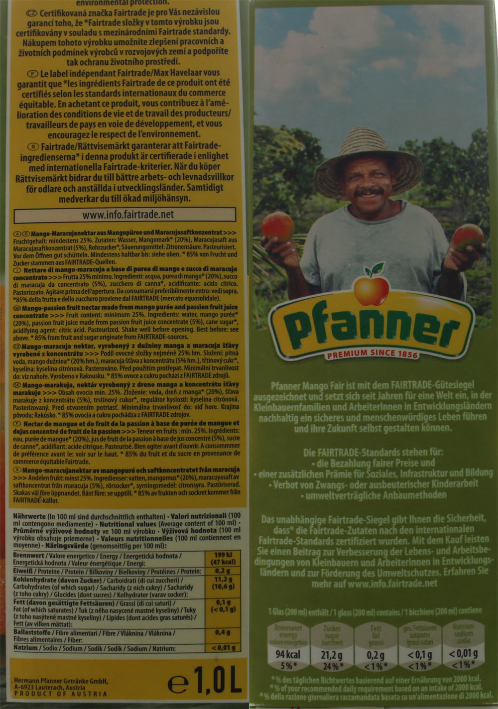 Fairtrade nektar Pfanner Mango se špetkou marajacuji složení